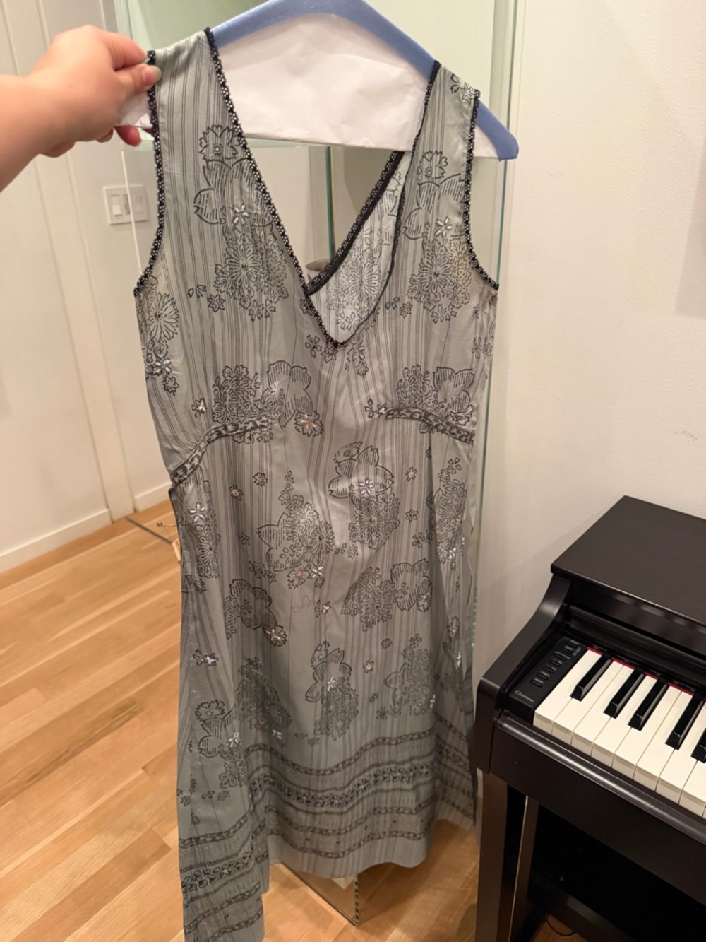 Vintage-Inspired Silver Beaded Midi Dress